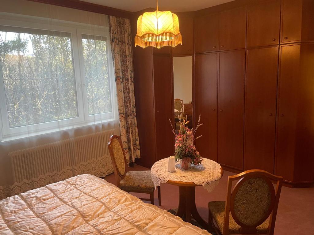 普克斯多夫Suburb Hostel的一间卧室配有桌子、床和窗户