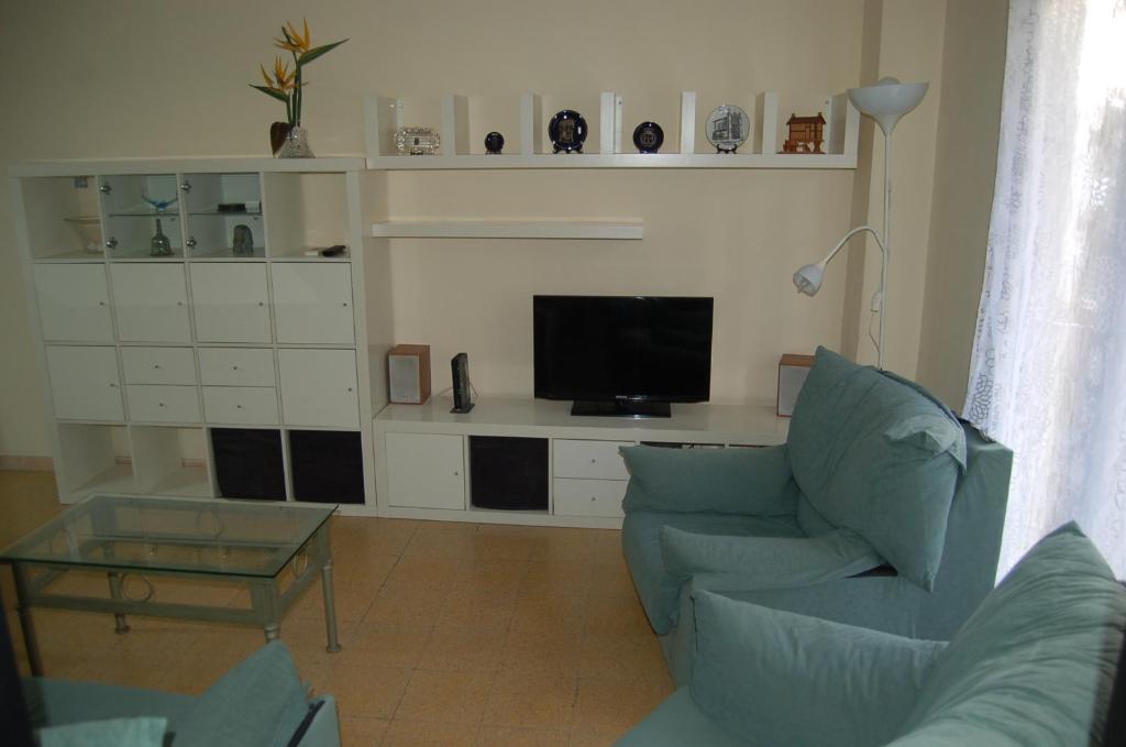 赫罗纳Hortes 7的客厅配有蓝色的沙发和电视