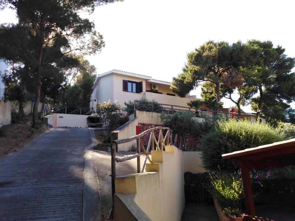 皮诺港Villa panoramica immersa nel verde的前面有楼梯的房子
