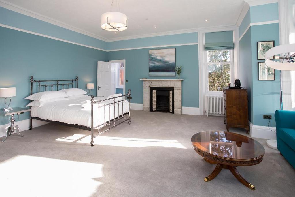 圣奥尔本斯Torrington Hall的蓝色卧室设有一张床和一个壁炉