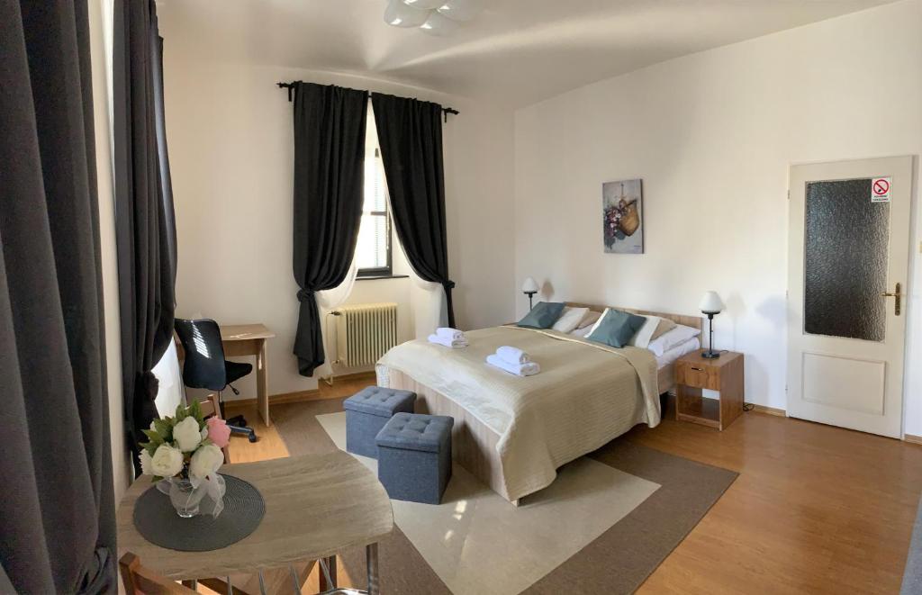 Jevíčko乌帕斯特拉酒店的一间卧室配有一张床、一张沙发和一张桌子