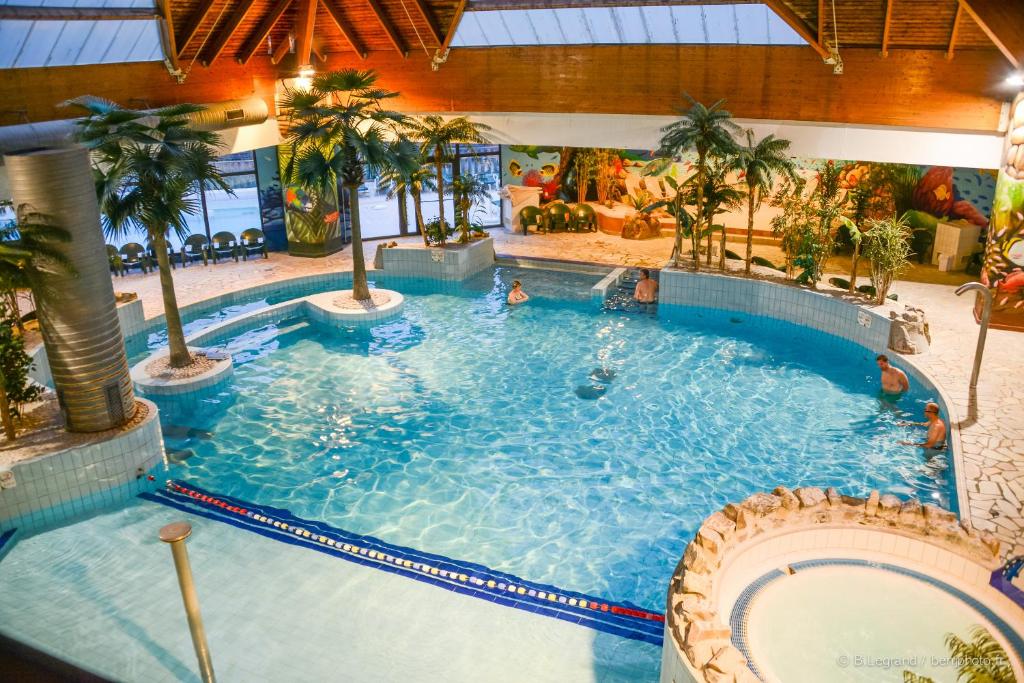 布朗维尔Résidence Goélia La Pommeraie的棕榈树酒店的大型游泳池
