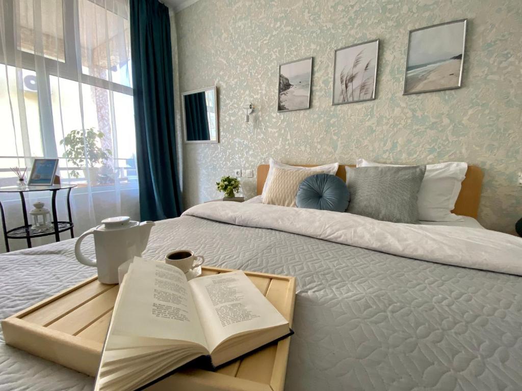 皮聪达Мини-отель ДАРЬЯ в Пицунде的一间卧室配有一张大床,上面有书