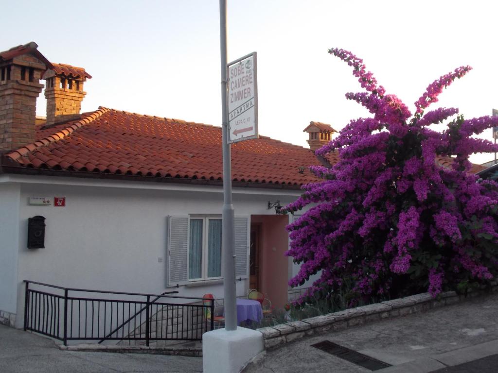 波尔托罗Apartments & Rooms Karmen的一座带建筑物的房子前面的紫色灌木