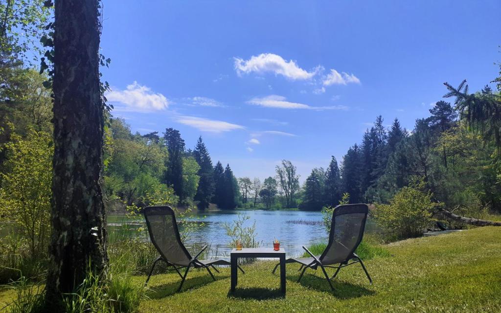 Saint-Martin-des-CombesGîte nature détente pêche baignade dans lac privé的湖前两把椅子和一张桌子