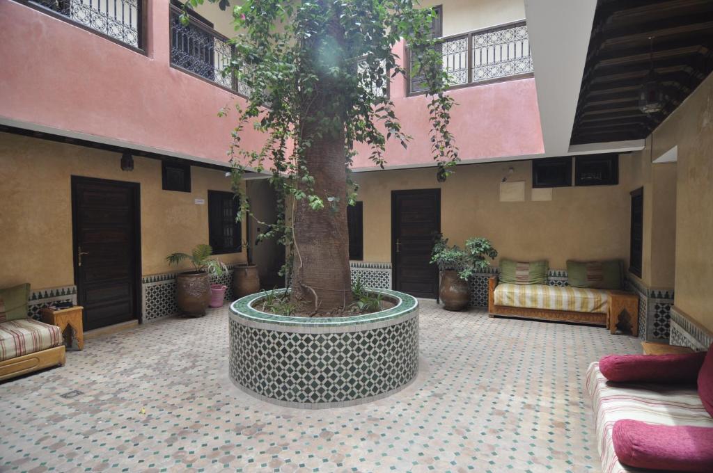 马拉喀什塞西尔酒店的一座大庭院,楼里有一棵树
