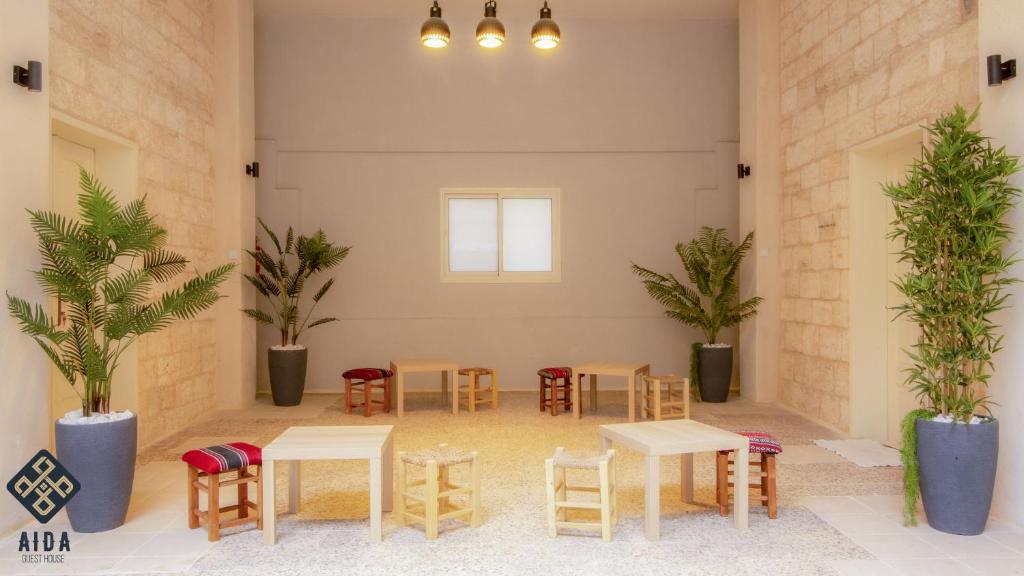 拿撒勒Aida Guest house的配有桌椅和植物的房间