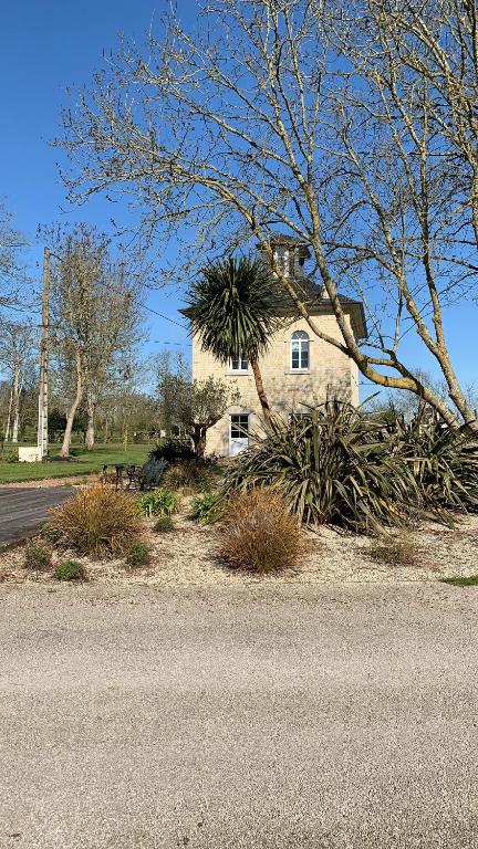 Saint-Germain-de-VarrevilleGîte du Haras de Vaugoubert的街道前有棕榈树的房子