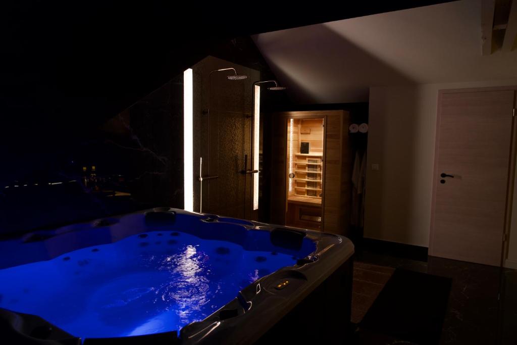 米卢斯Magnifique Villa le89golden jacuzzi et sauna privatif的窗户客房内的大蓝色浴缸