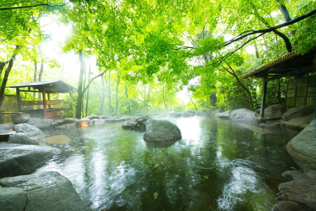 由布市Nihon-no-Ashitaba的一条有岩石和树木的水流