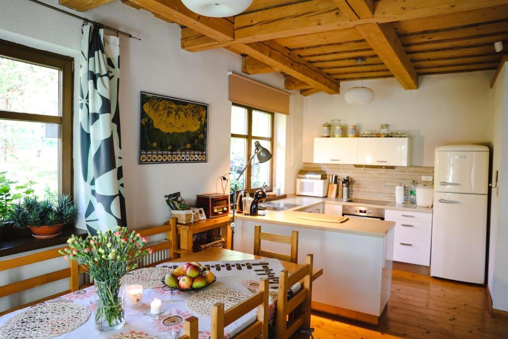 斯米扎尼Chata u Gregora v Slovenskom raji的厨房配有桌子和白色冰箱。