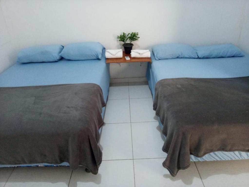 特雷西纳Casa Piauí Hostel的两张床铺位于一个房间,中间有桌子