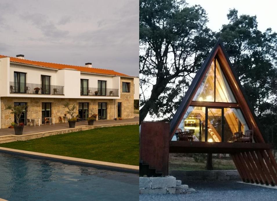 Castelo NovoCarvalhal Redondo - Farm House的游泳池旁的带三角形窗户的房子