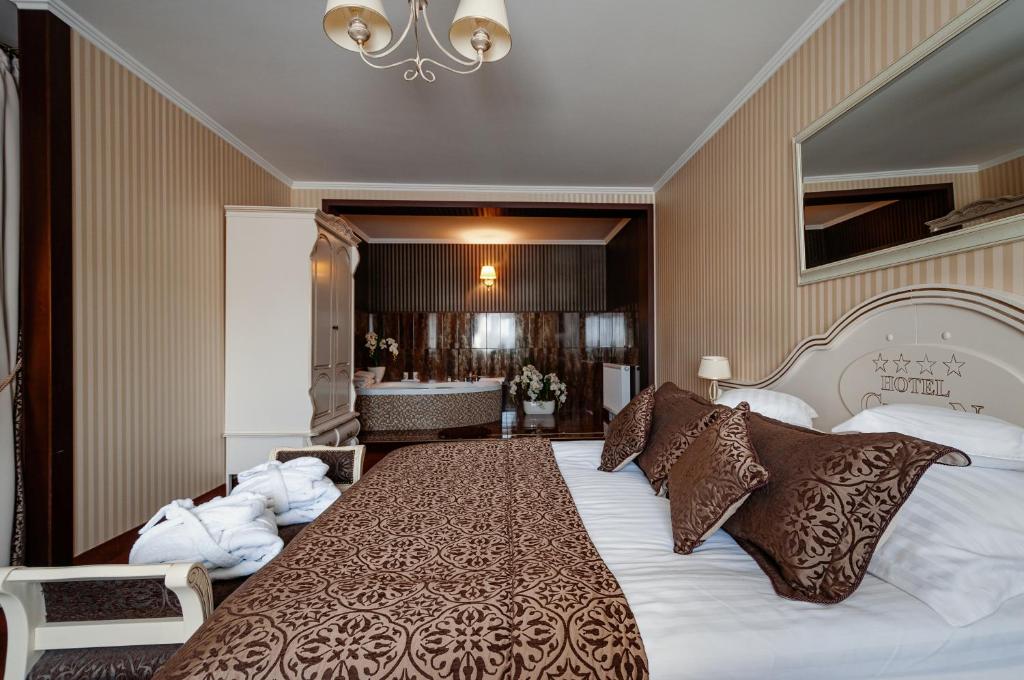 索哈切夫肖邦酒店的一间带大床的卧室和一间浴室