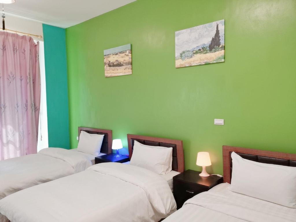 金宁乡绅士民宿的带绿色墙壁的客房内的三张床