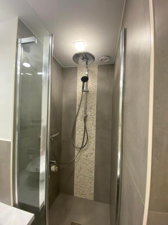 戈斯拉尔Seeblickapp. „Eure Auszeit“的浴室里设有玻璃门淋浴