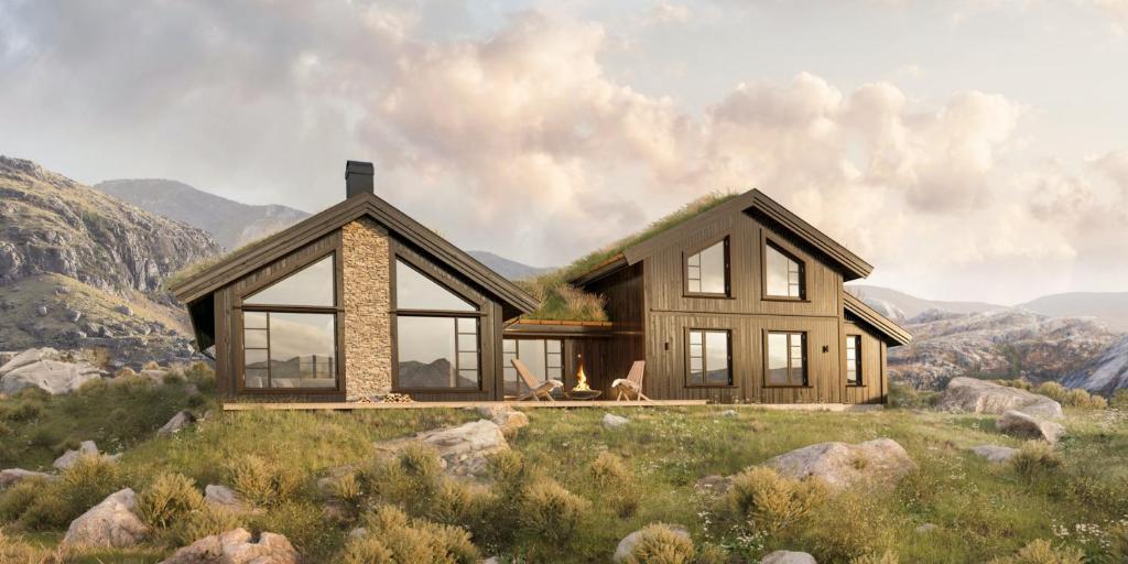 弗罗达尔Ny eksklusiv hytte i Vrådal med perfekt beliggenhet- Alpin og ski的山顶上草屋顶的房子