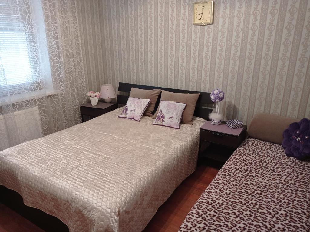 戈里亚奇克柳奇2х комнатная квартира на аллее сосен的一间卧室配有一张床和一张带粉红色枕头的沙发。