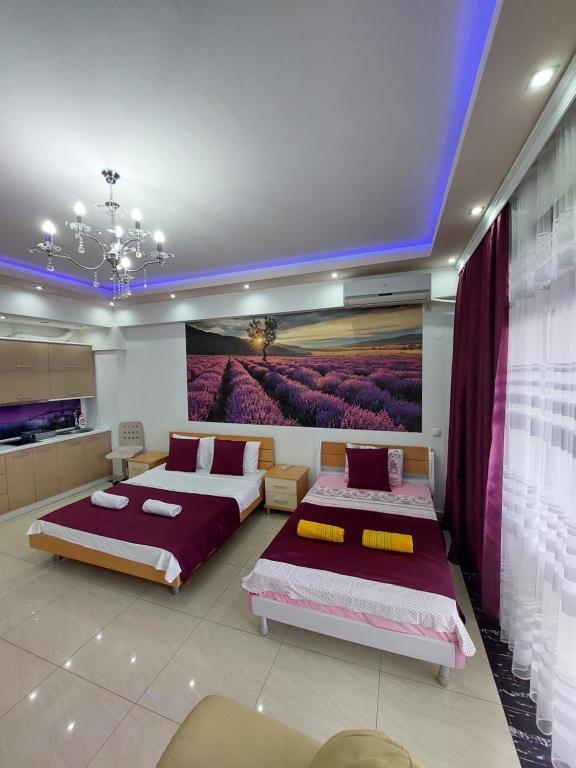斯特鲁加Luxury Apartment Eurotel的一间卧室设有两张床,墙上挂着一幅画