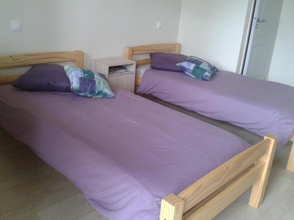 BoncourtGite de Boncourt的卧室内的两张床,配有紫色床单和枕头