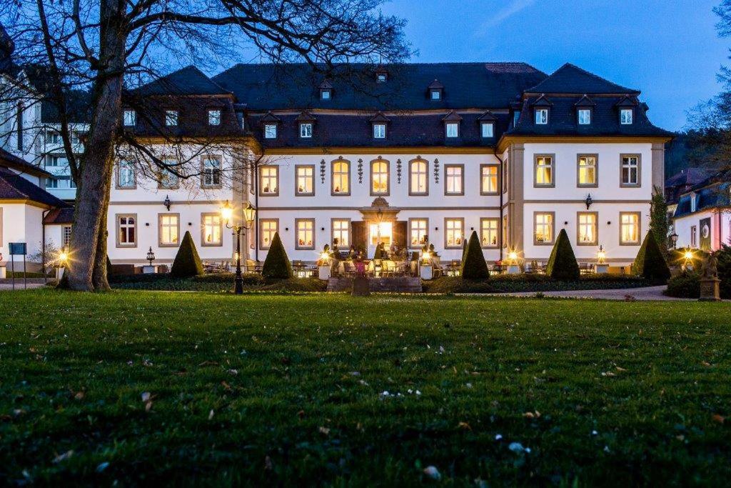 萨勒河畔巴特诺伊施塔特拜德纽斯塔德特城堡酒店的院子里有灯的大白色房子