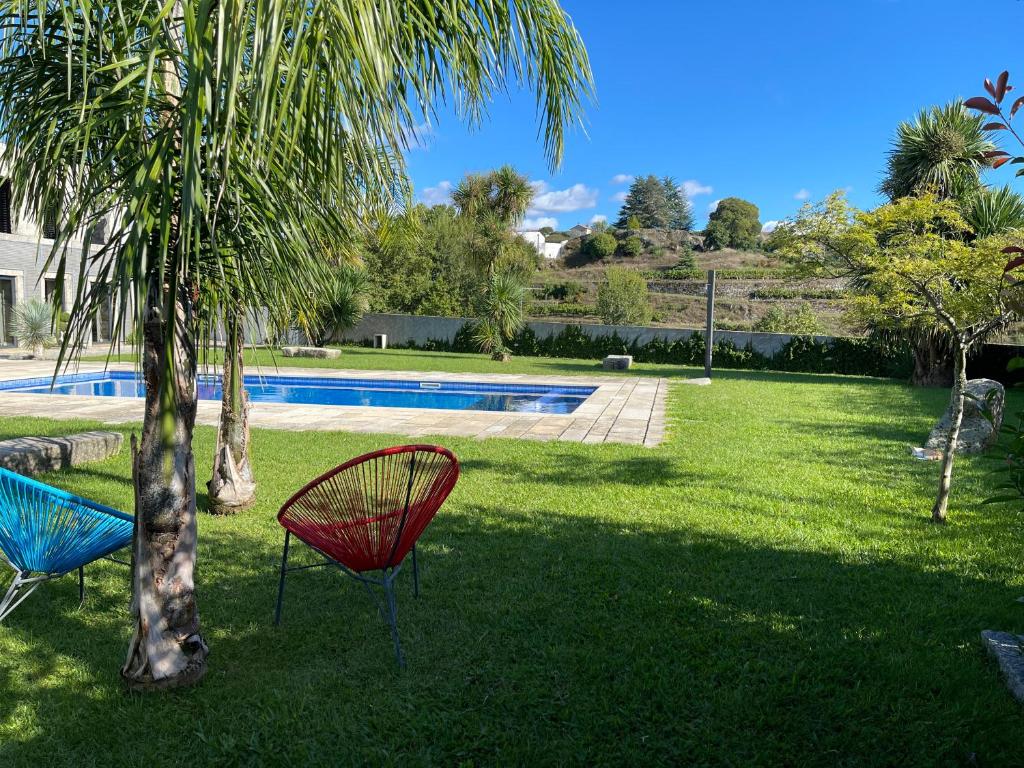 阿马兰特Casa da Leira的两把椅子坐在棕榈树旁边,在院子里