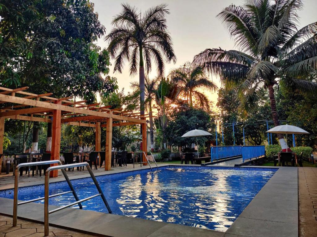 纳威孟买Pushp Vatika Resort & Lawns的一座棕榈树环绕的游泳池