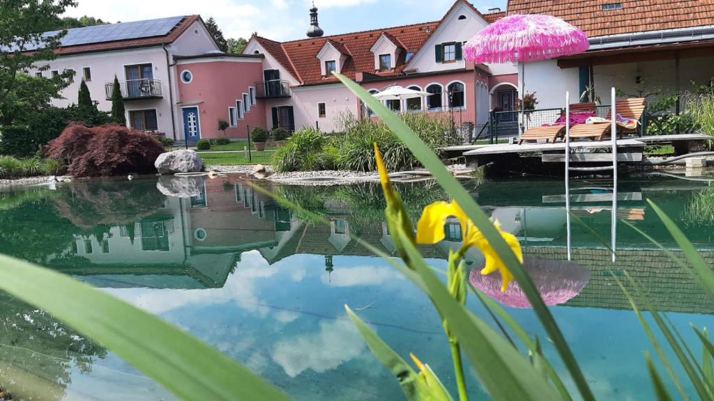 巴特布卢毛加尼兰德弗洛里安酒店的前方有房子和粉红色花的池塘