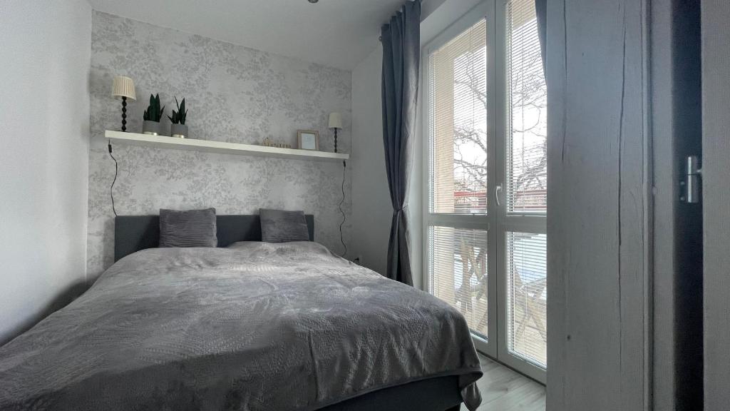 特尔纳瓦Apartment Hospodárska的一间卧室设有一张床和一个大窗户