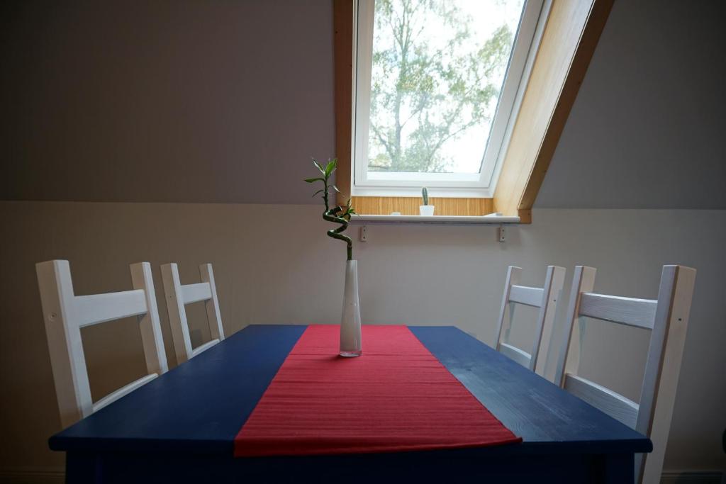 索尔陶Gemütliche Apartments in der Heide的一张桌子,上面有一个花瓶,上面有一个窗口