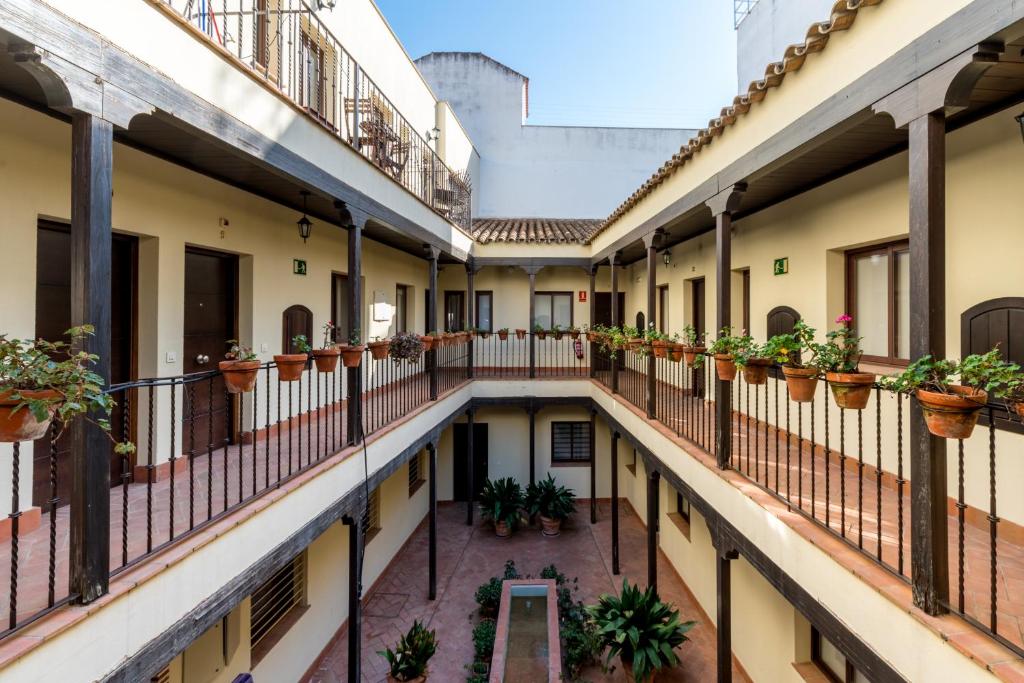 塞维利亚Lumbreras Host的一座公寓楼里空无一人的庭院,里面种有盆栽植物