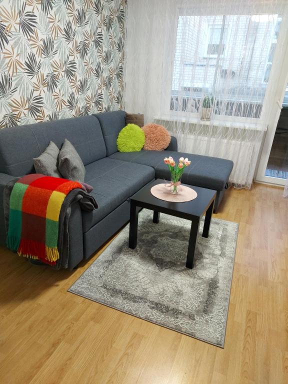 德鲁斯基宁凯Apartamentai „Kaip namuose“的客厅配有蓝色的沙发和桌子