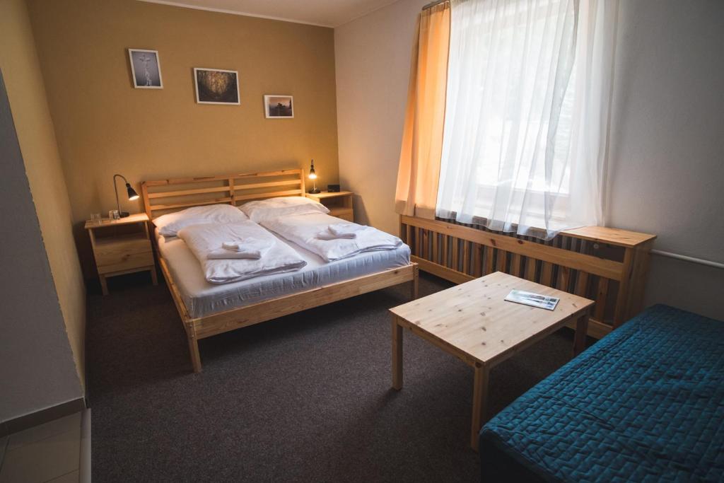 多纳瓦利Penzion Zornicka的一间卧室配有一张床、一张桌子和一个窗户。