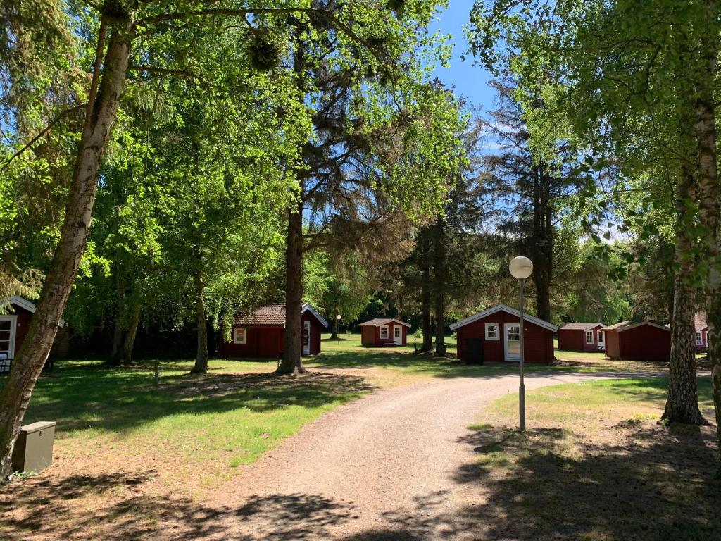 伦讷Nordskoven Strand Camping的一条土路穿过森林,有红色的建筑