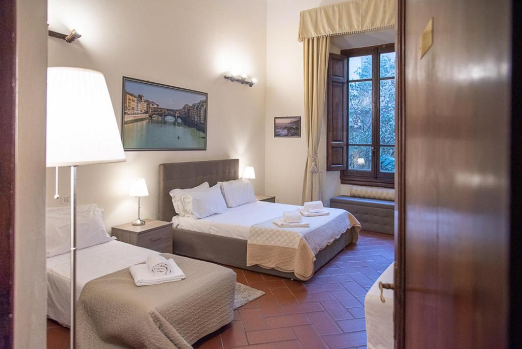 佛罗伦萨Coco Places Soggiorno Panerai, Centro Storico的酒店客房设有两张床和窗户。