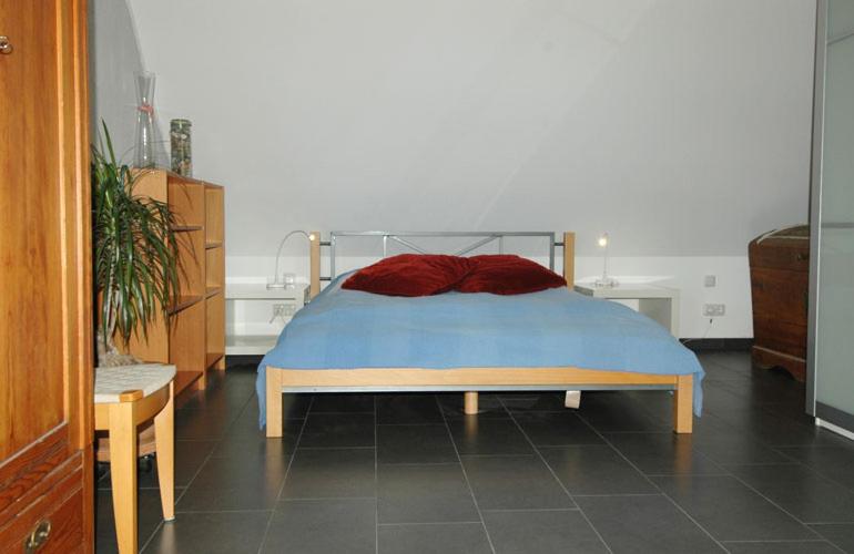 基尔Ole & Trude的一间卧室配有一张带红色和蓝色毯子的床