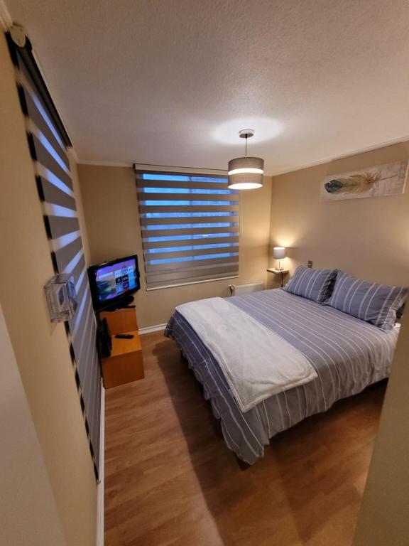 圣佩德罗德拉帕斯San Pedro de la Paz by Luxury Apartment Chile的一间卧室配有一张床和一台电视