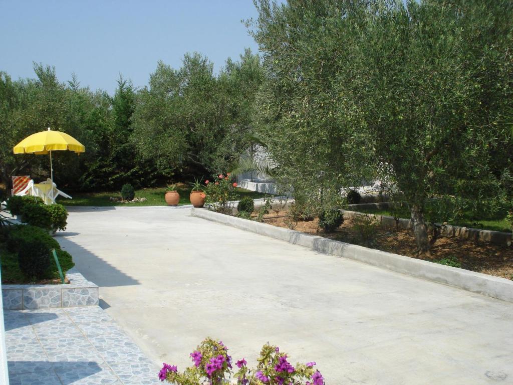耶拉基尼COUNTRY HOUSE IN OLIVE GROVE - Gerakini的院子里带黄伞的混凝土走道