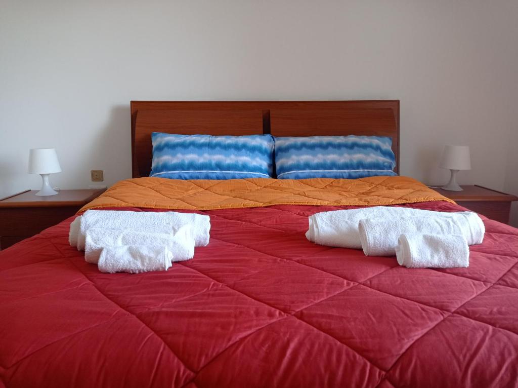 巴里Appartamento Vistamare 20的一张红色的大床,上面有两条白色的毛巾
