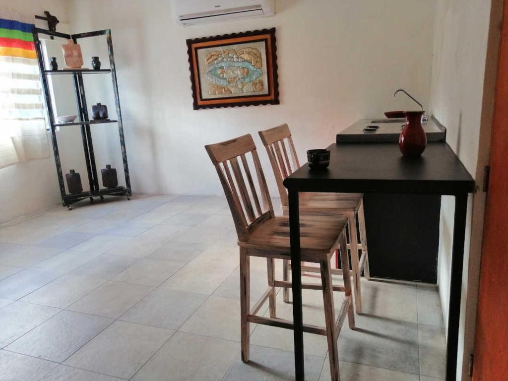 圣何塞德尔卡沃casa agave的一张桌子,椅子和一张桌子,上面有花瓶