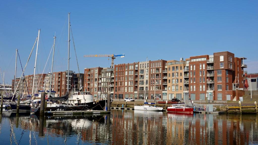 斯海弗宁恩BizStay Harbour I Scheveningen Apartments的一群船停靠在码头,有建筑物