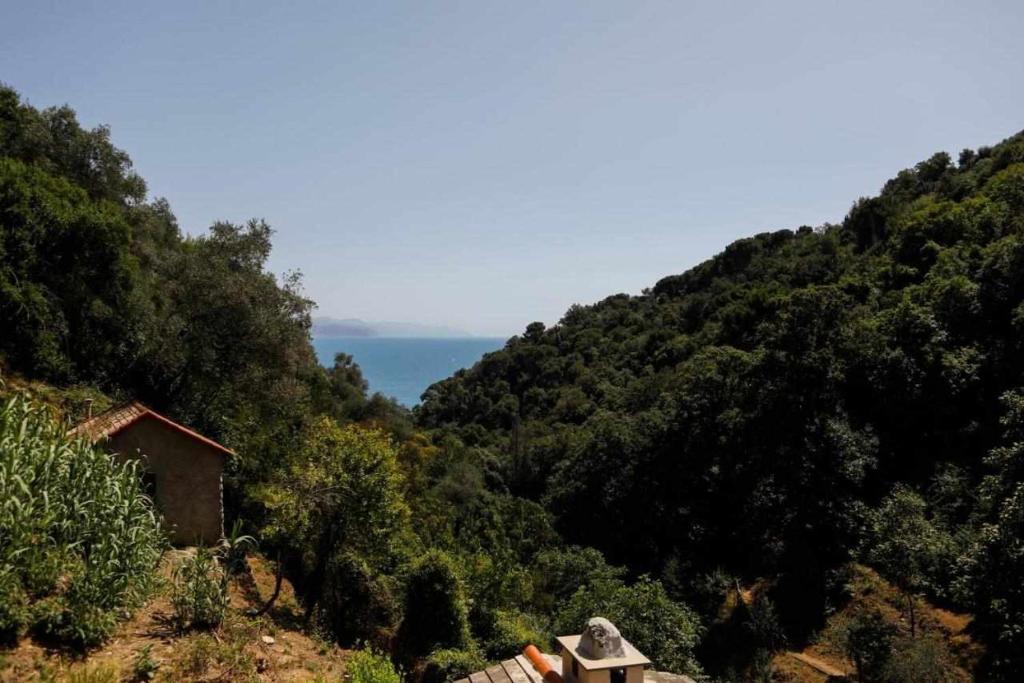 波托菲诺LEremoRifugio escursionistico10 min steep walk的享有山脉和大海的背景景色
