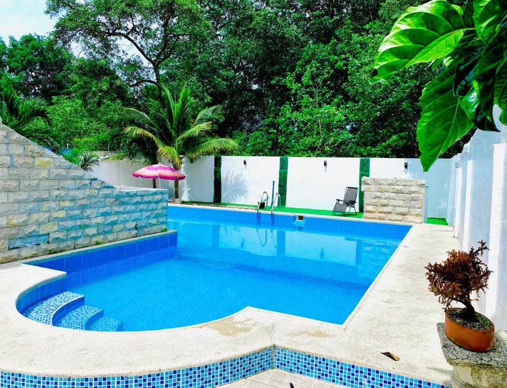 阿塔卡梅斯Hotel Oro Blanco的一座位于后院的蓝色游泳池