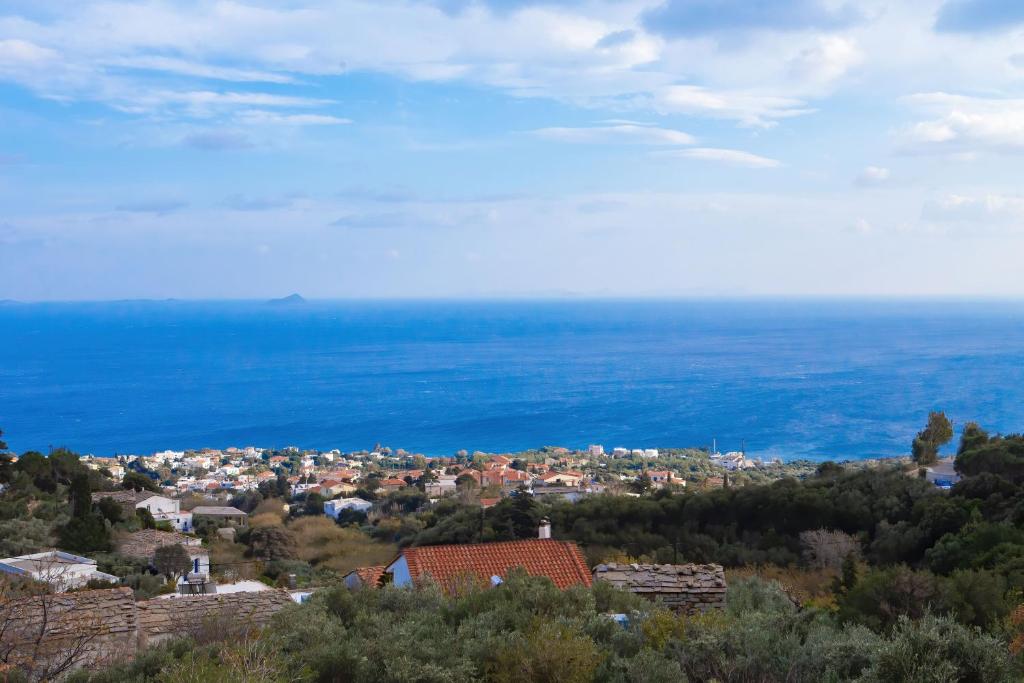 阿基奥斯基利考斯Tsapelas Villas的享有以大海为背景的城镇美景
