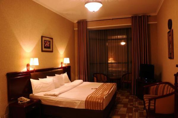 杜尚别Asia Grand Hotel的酒店客房设有床和窗户。