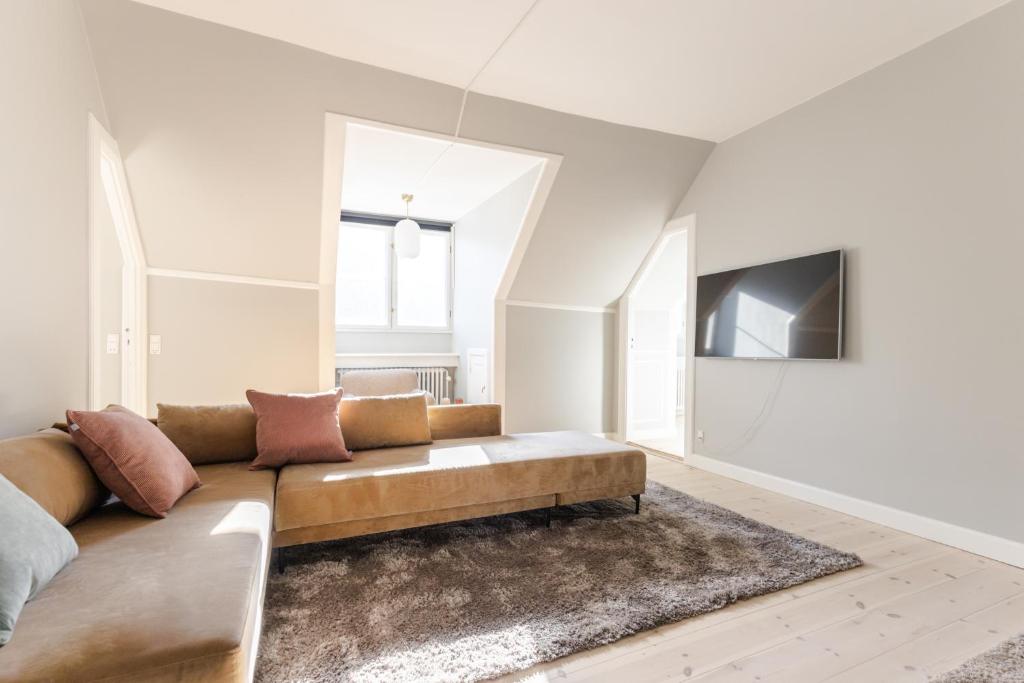 哥本哈根Luxury Apartment w Privat Rooftop Terrace - CPH C的带沙发和电视的客厅