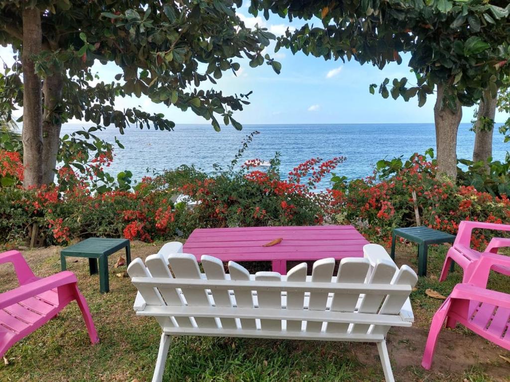 Saint-PierreVilla des Galets的一张野餐桌椅,背靠大海