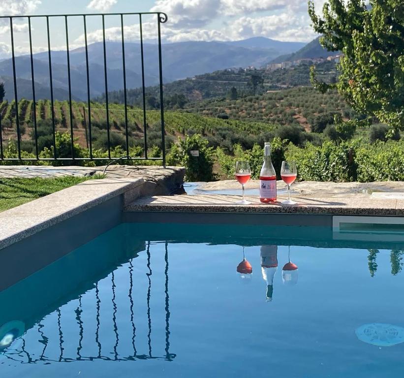 塔布阿苏Quinta do Monte Travesso - Country Houses & Winery的一座带两杯葡萄酒的泳池,享有美景