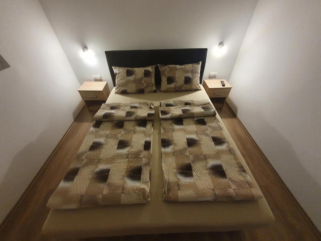 索科矿泉村Apartman Sokobanja的一张位于房间的床,上面有两个枕头