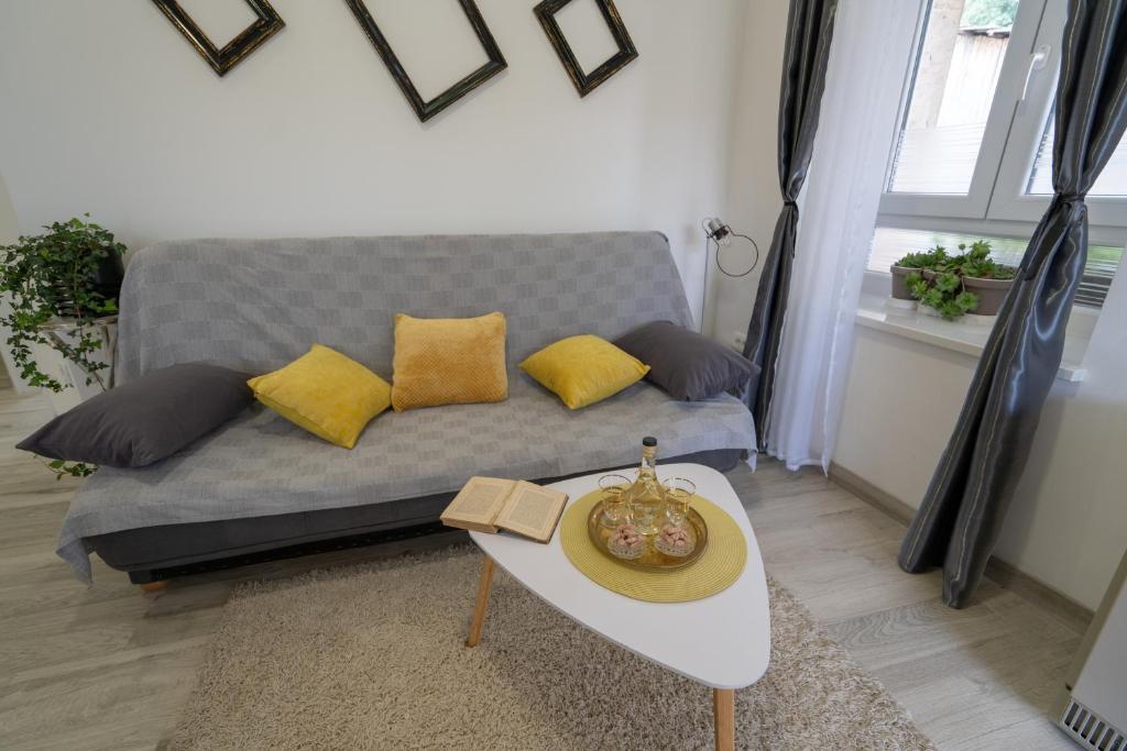 伊莫茨基Apartman TONKOVIĆ的客厅配有带黄色枕头的沙发